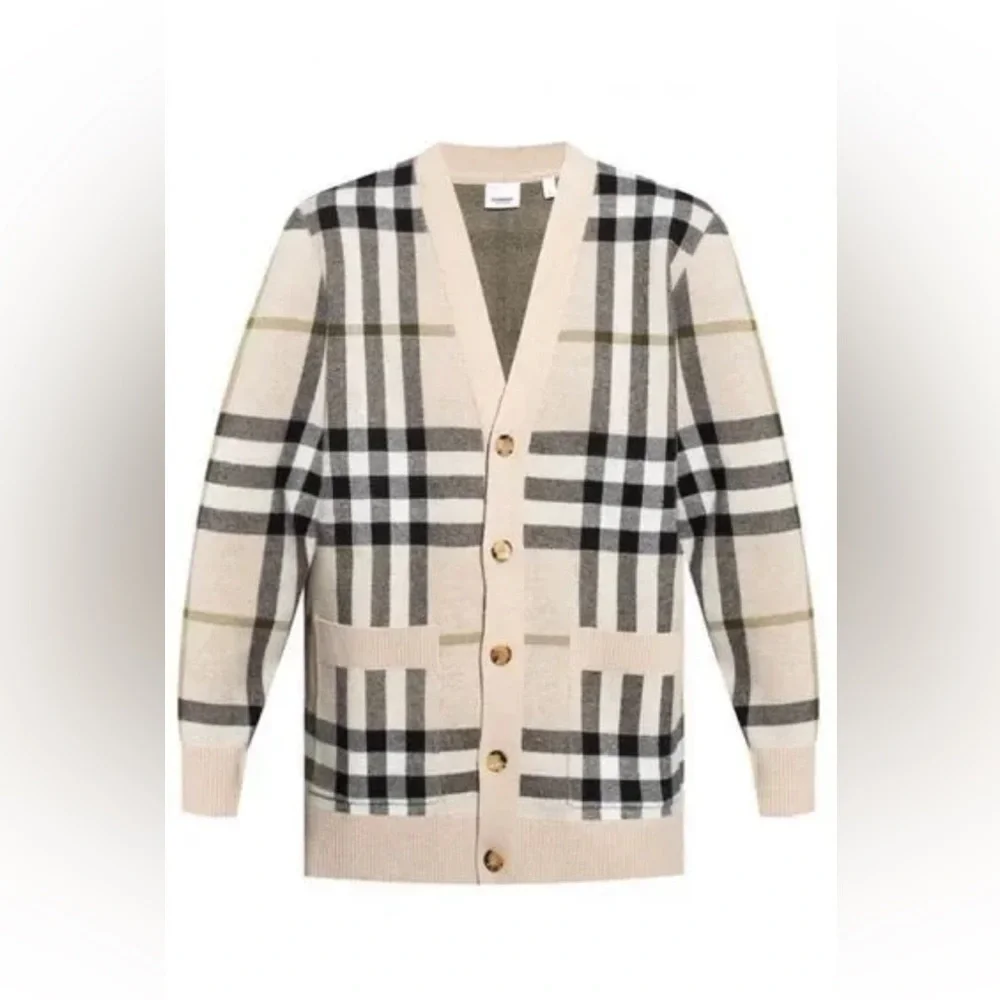 Burberry Signature Check Jacquard  Cardigan Wool Cashmere in Beige | size L - Picture 2 of 12